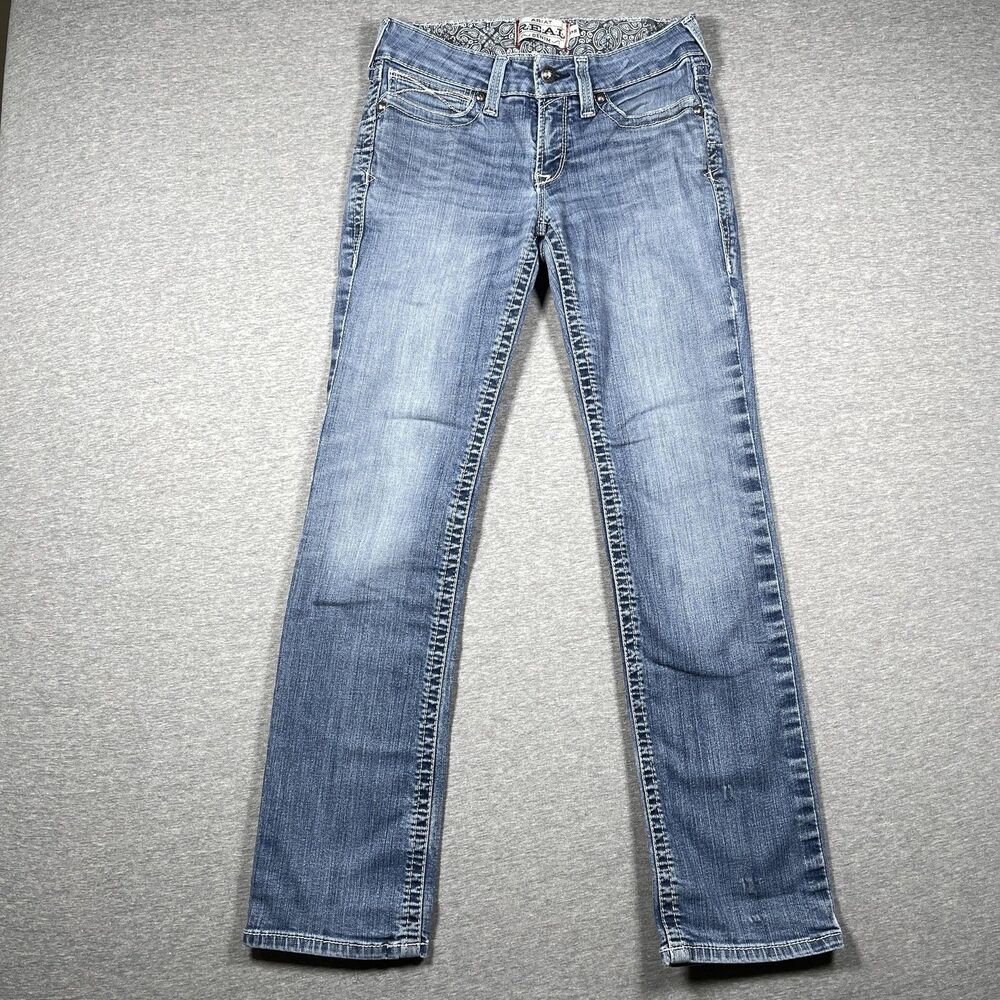 Ariat REAL Jeans Womens 29 R Blue Straight Mid Rise Light Wash Embroidered Denim